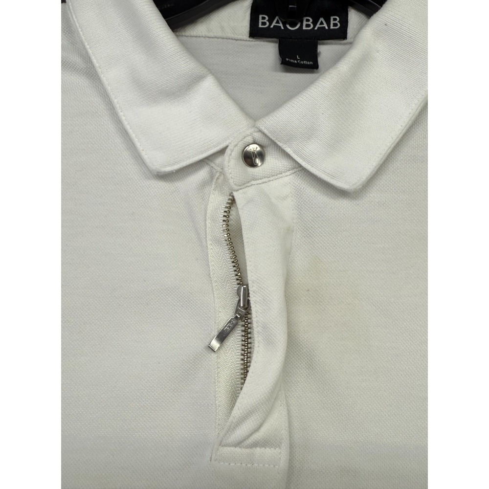 BAOBAB Mens Large White Pima Cotton Polo Shirt Modern Zipper Placket - Picture 2 of 8